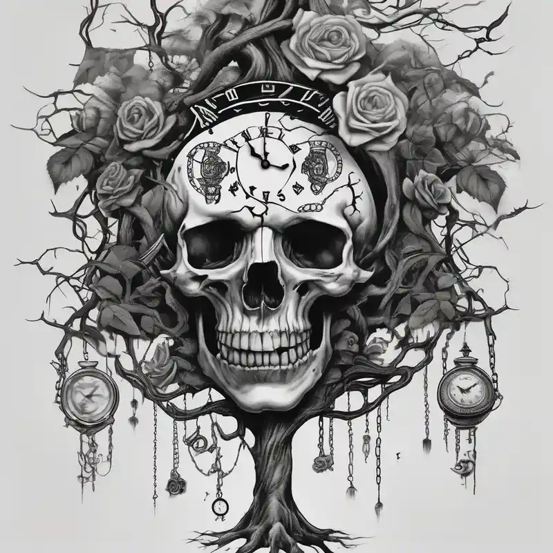 tattoo fool sleeve, tree roots break out of the chains, broken mask, clock with flying numbers, girl, skull, roses drake
